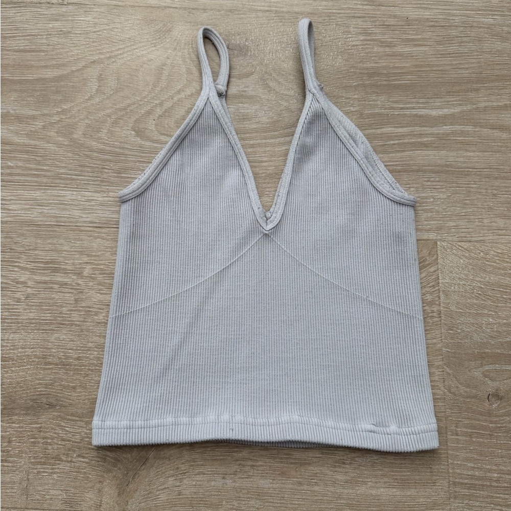 Free People Light Gray Ribbed V-Neck Top